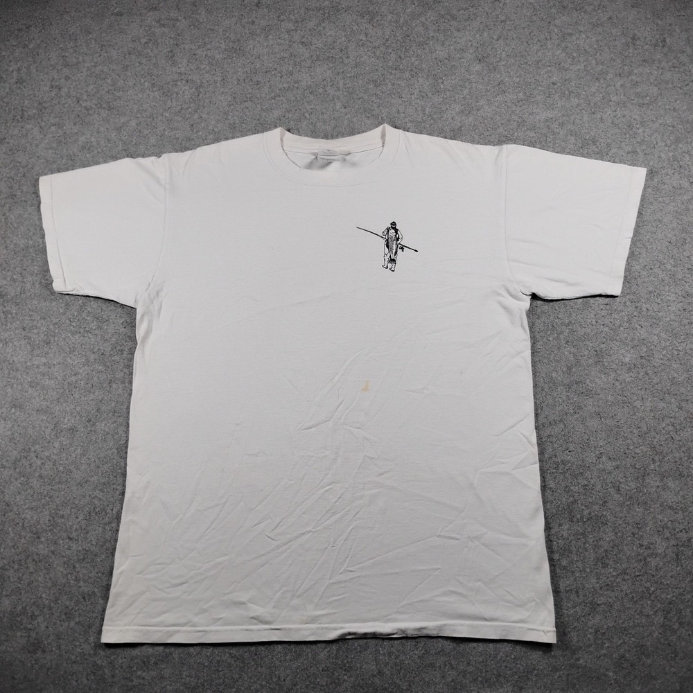 Anvil Men Vintage White Fisherman Striped Bass Graphic T-Shirt Tee Size L